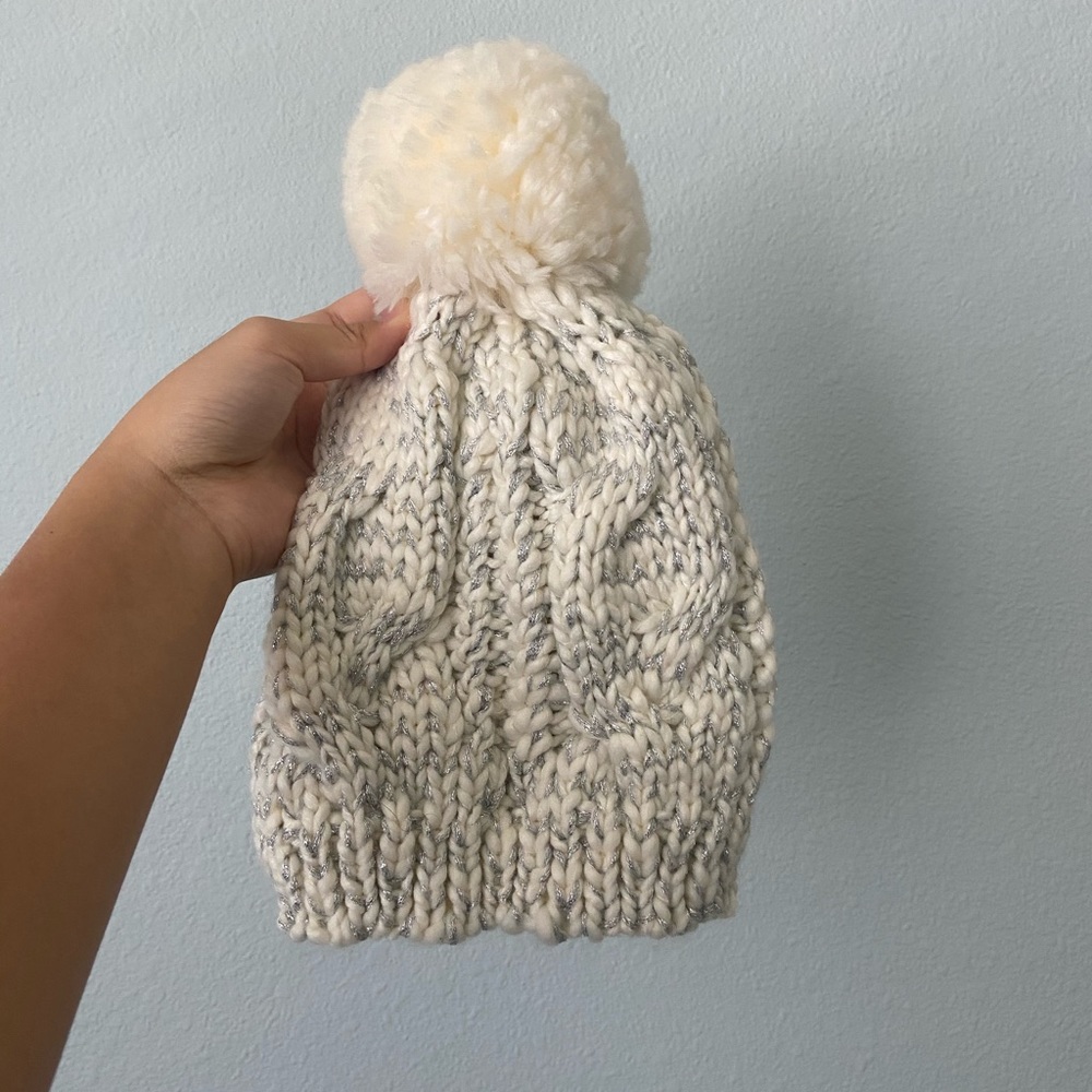 White and Silver Pom Pom Beanie